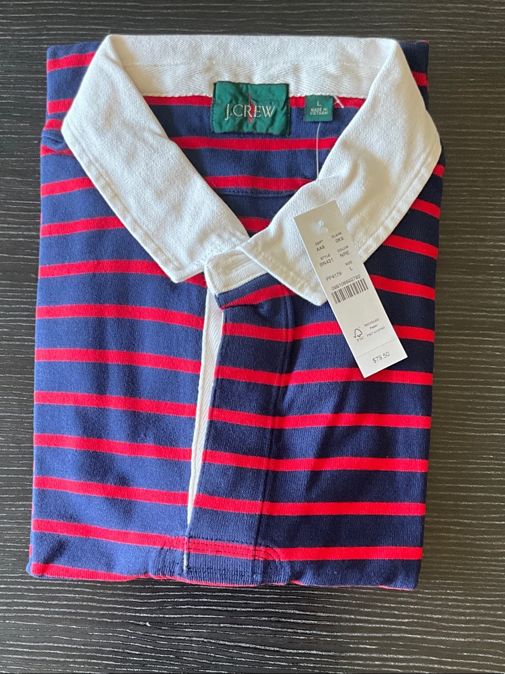 Men’s NWT J. Crew Navy Polo with Red Stripes and White Collar